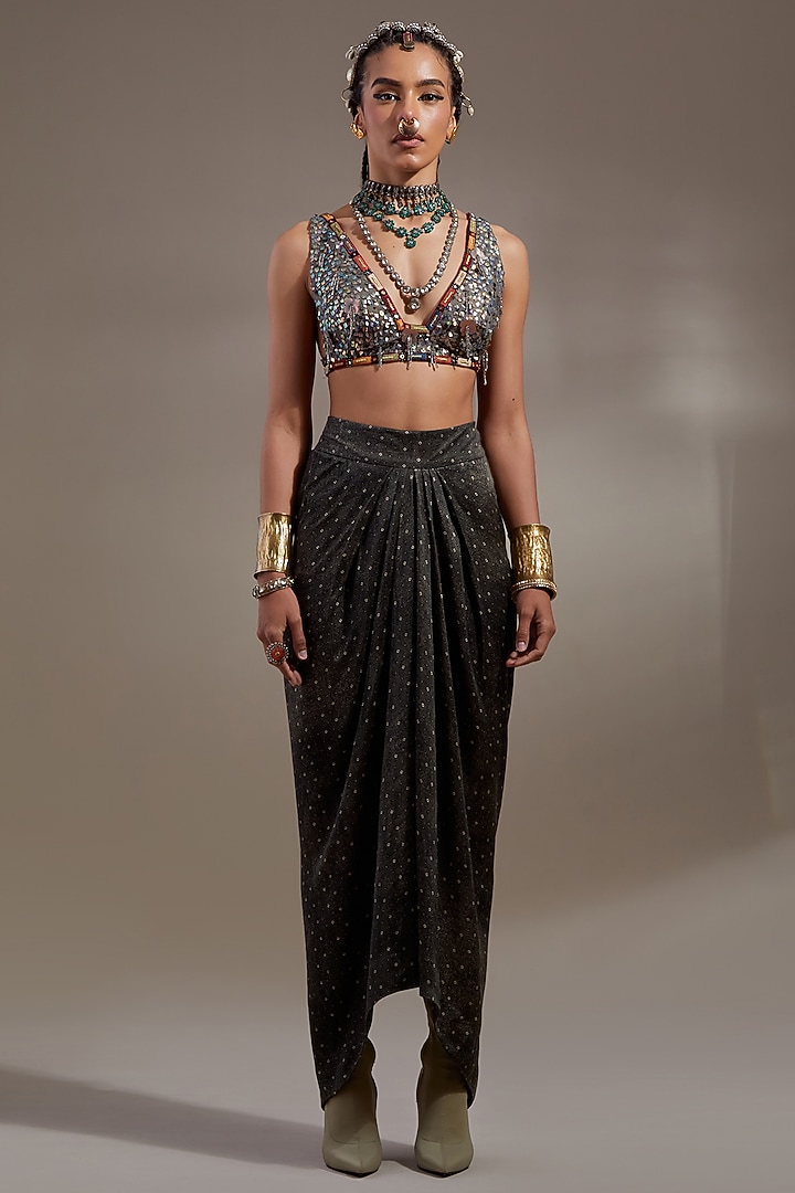 Ash Grey Crush Silk Thread Embroidered Blouse by ASEEM KAPOOR at Pernia's Pop Up Shop