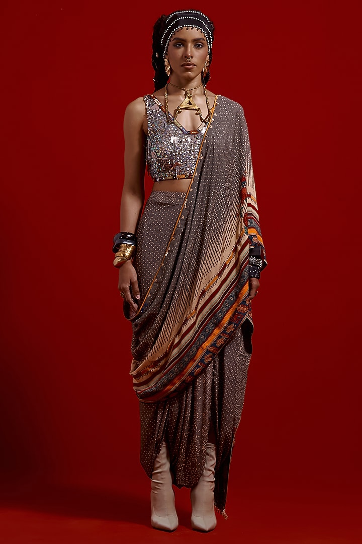 Ash Grey Crush Silk Resham Thread Embroidered Blouse by ASEEM KAPOOR at Pernia's Pop Up Shop