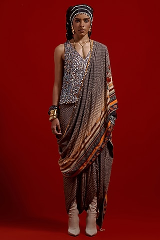 Ash Grey Italian Crepe Printed Draped Saree Set by ASEEM KAPOOR