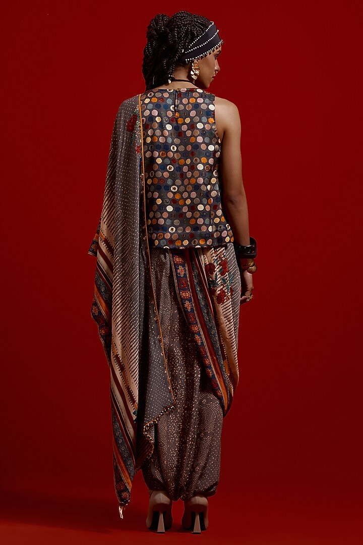 Ash Grey Italian Crepe Printed Draped Wedding Saree Set by ASEEM KAPOOR at Pernia's Pop Up Shop