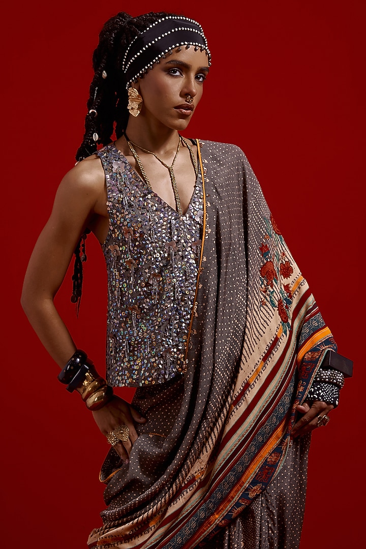 Ash Grey Italian Crepe Printed Draped Wedding Saree Set by ASEEM KAPOOR at Pernia's Pop Up Shop