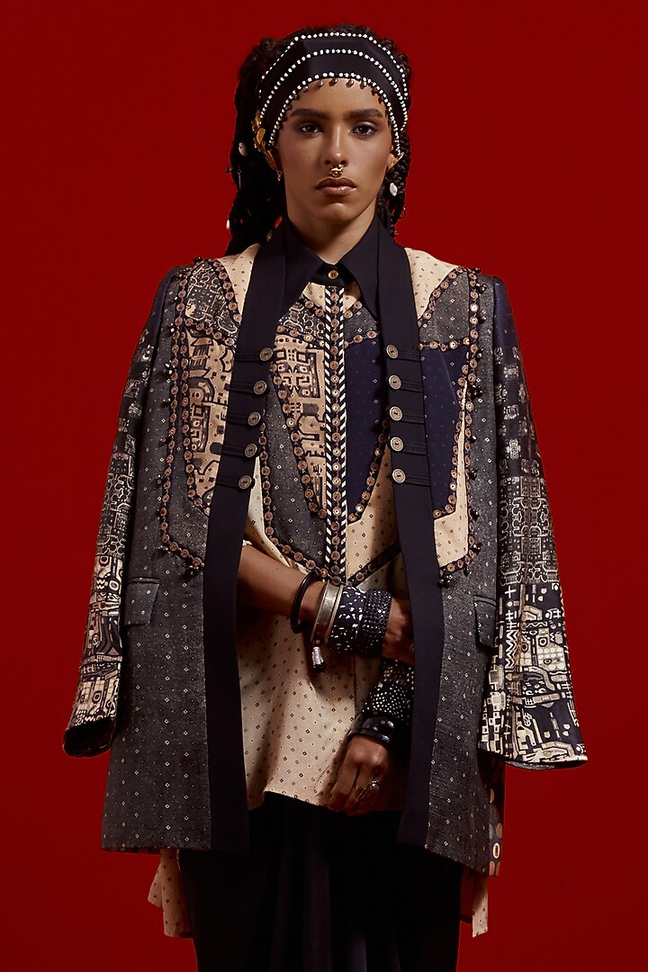 Surmai & Mogra Colored Slub Satin Thread Embroidered Jacket by ASEEM KAPOOR at Pernia's Pop Up Shop