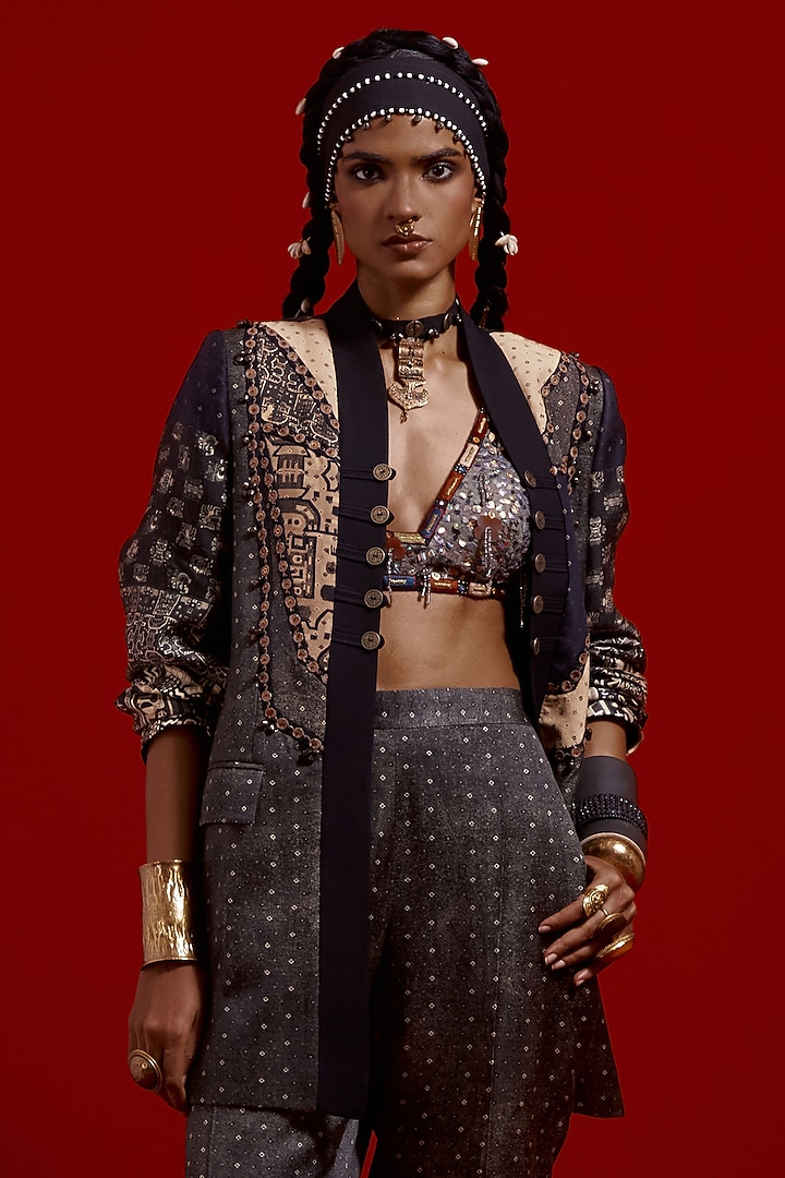 Surmai & Mogra Colored Slub Satin Thread Embroidered Jacket Set by ASEEM KAPOOR at Pernia's Pop Up Shop