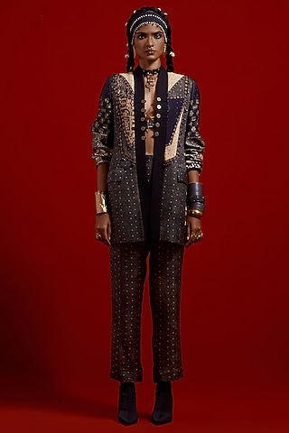 Surmai & Mogra Colored Slub Satin Thread Embroidered Jacket Set by ASEEM KAPOOR