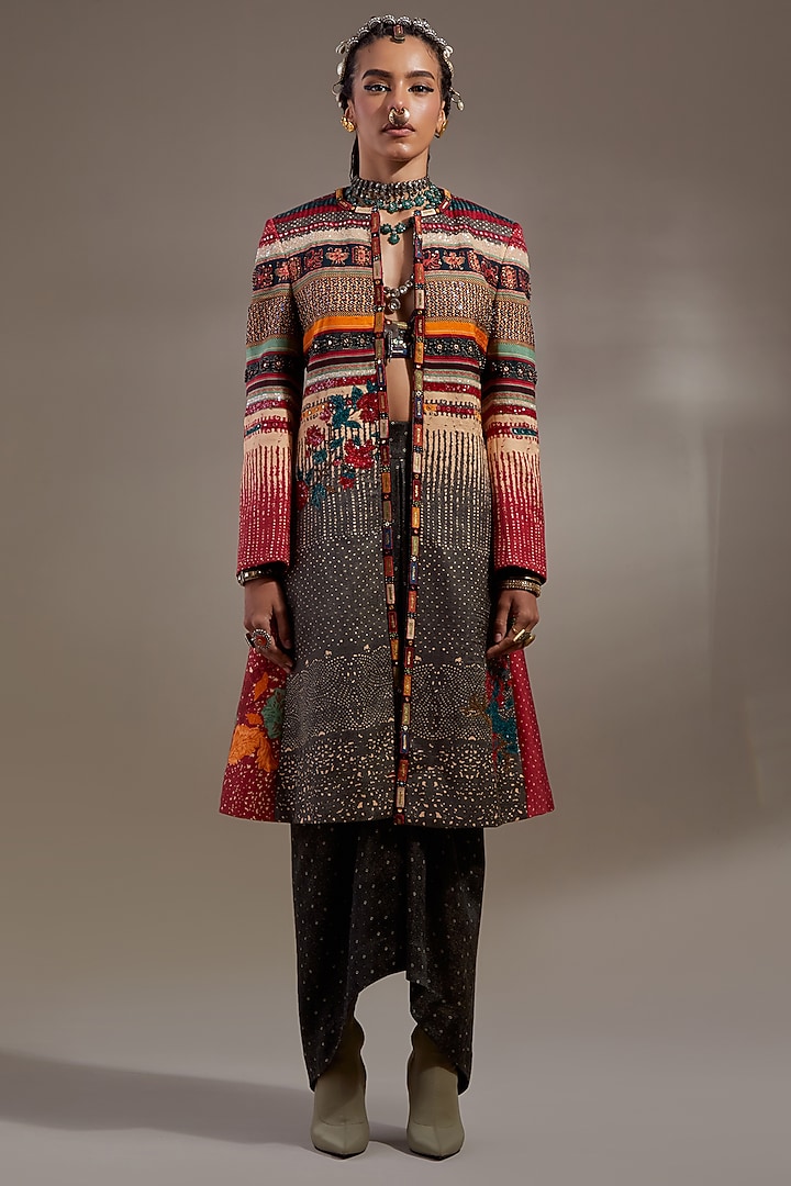 Multi-Colored Mushroom Twill Embroidered Jacket Set by ASEEM KAPOOR at Pernia's Pop Up Shop