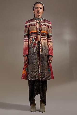 Multi-Colored Mushroom Twill Embroidered Jacket Set by ASEEM KAPOOR