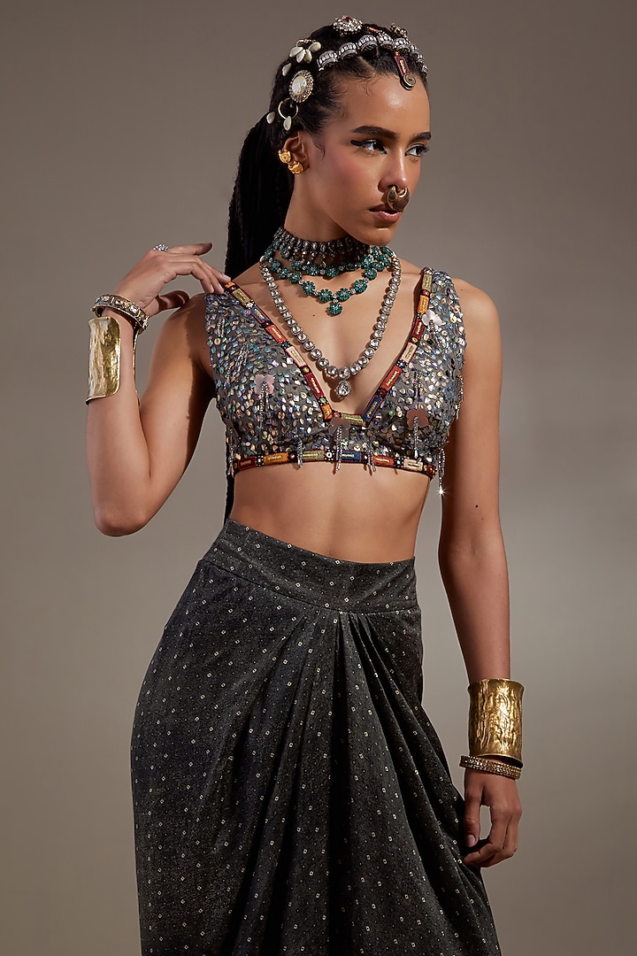Multi-Colored Mushroom Twill Embroidered Jacket Set by ASEEM KAPOOR at Pernia's Pop Up Shop