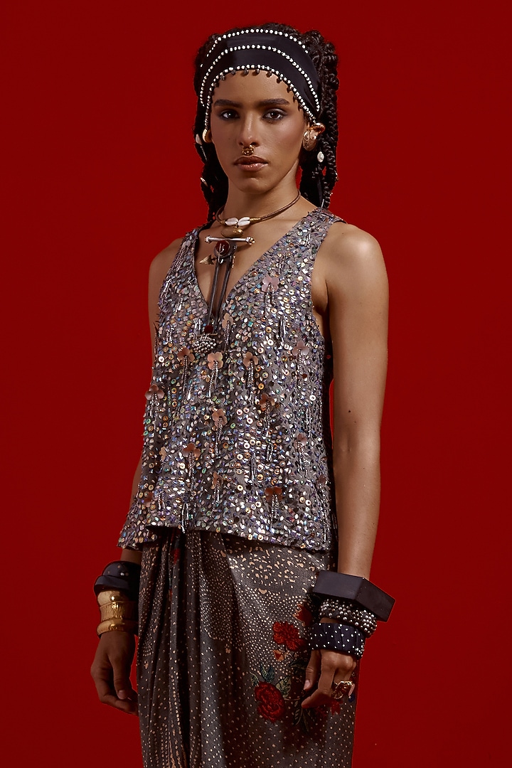 Ash Grey Crush Silk Resham Thread Embroidered Top by ASEEM KAPOOR at Pernia's Pop Up Shop