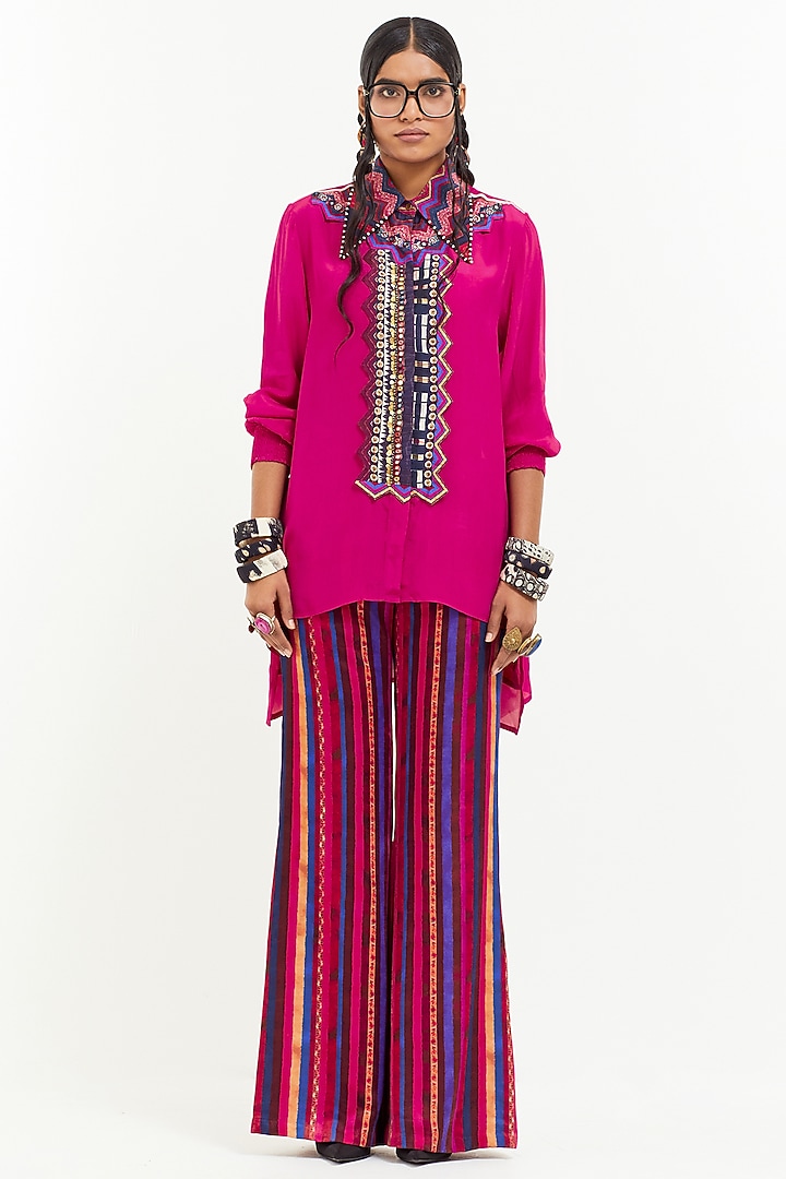 Pink Italian Crepe Bead Work Color-Blocked Shirt by Aseem kapoor at Pernia's Pop Up Shop