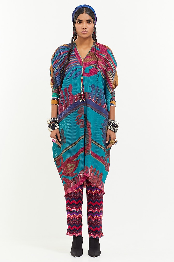 Multi-Colored Crinkle Crepe Bead Work & Printed Kaftan Tunic Set by Aseem kapoor