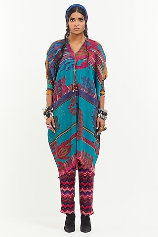Multi-Colored Crinkle Crepe Bead Work & Printed Kaftan Tunic Set by Aseem kapoor