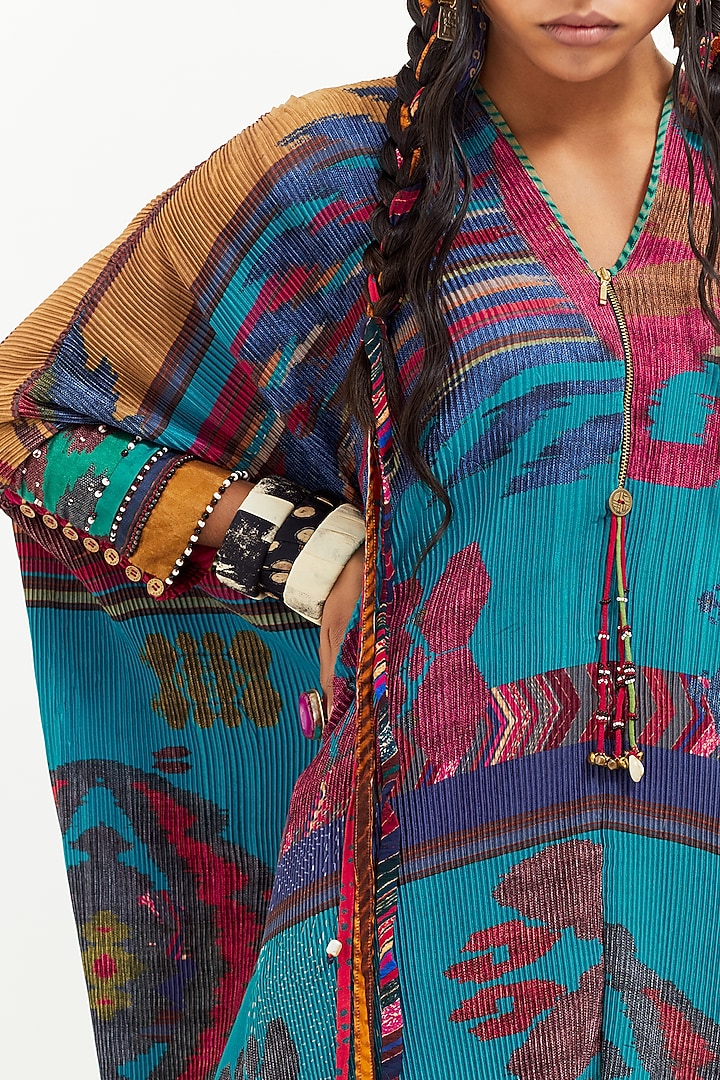 Multi-Colored Crinkle Crepe Bead Work & Printed Kaftan Tunic Set by Aseem kapoor at Pernia's Pop Up Shop