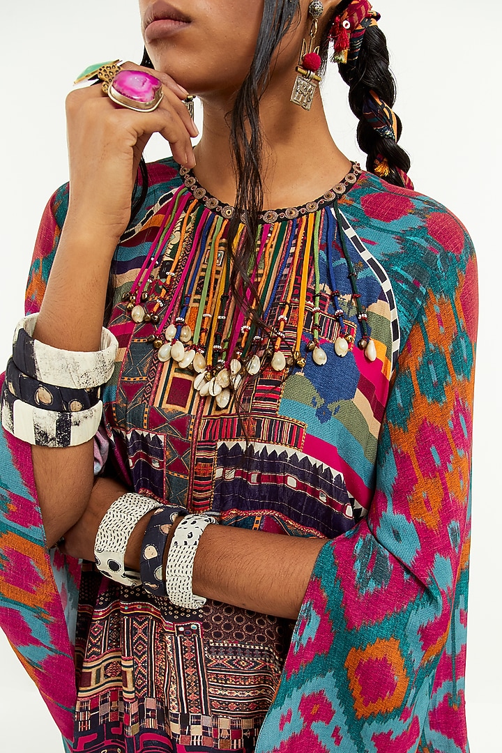 Multi-Colored Italian Crepe Dori Work & Printed Cape Kurta Set by Aseem kapoor at Pernia's Pop Up Shop