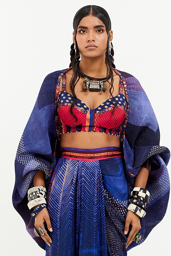 Sapphire Viscose Crinkle Crepe Resham Embroidered Jacket Set by Aseem kapoor at Pernia's Pop Up Shop