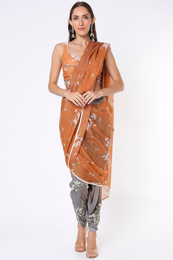 Orange & Grey Sheer Silk Draped Saree Set by Aseem kapoor