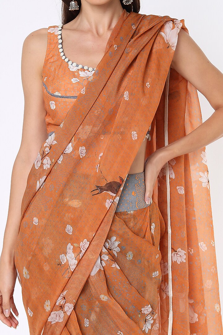 Orange & Grey Sheer Silk Draped Wedding Saree Set by Aseem kapoor at Pernia's Pop Up Shop