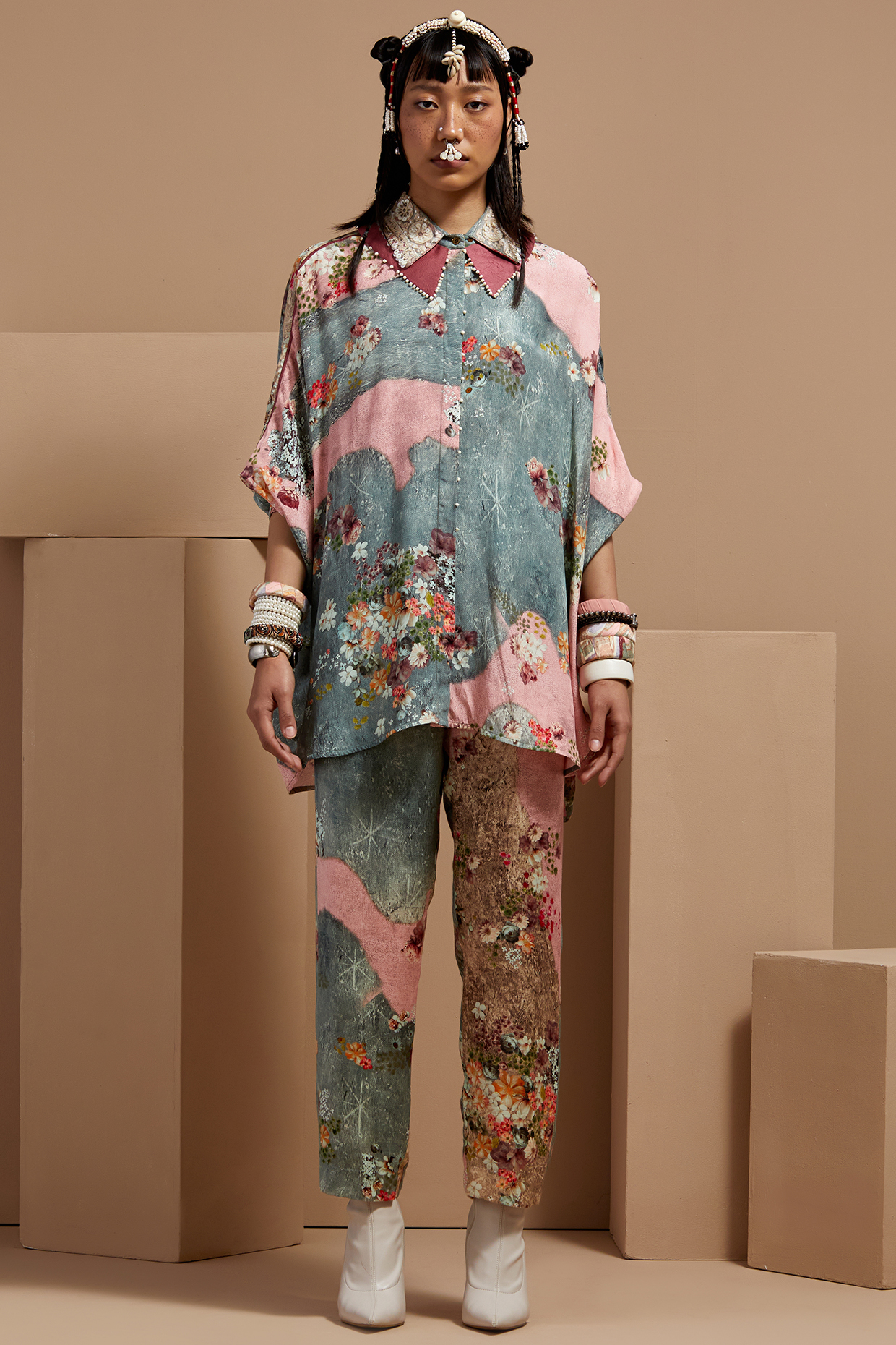Multi-Colored Natural Crepe & Slub Satin Printed Co-Ord Set by ASEEM KAPOOR at Pernia's Pop Up Shop