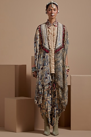 Multi-Colored Sheer Silk Resham Embroidered Jacket Set by ASEEM KAPOOR
