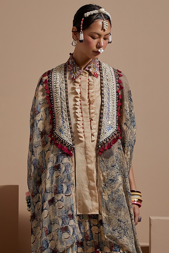 Multi-Colored Sheer Silk Resham Embroidered Jacket Set by ASEEM KAPOOR at Pernia's Pop Up Shop
