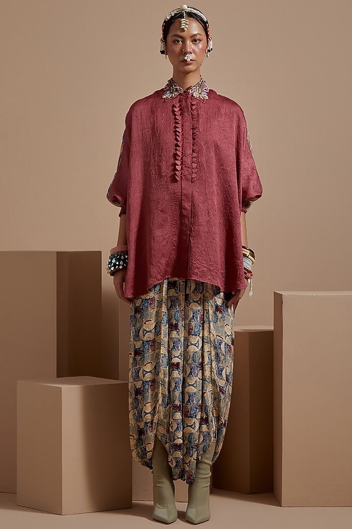 Old Rose Crushed Silk Tasseled Co-Ord Set by ASEEM KAPOOR at Pernia's Pop Up Shop