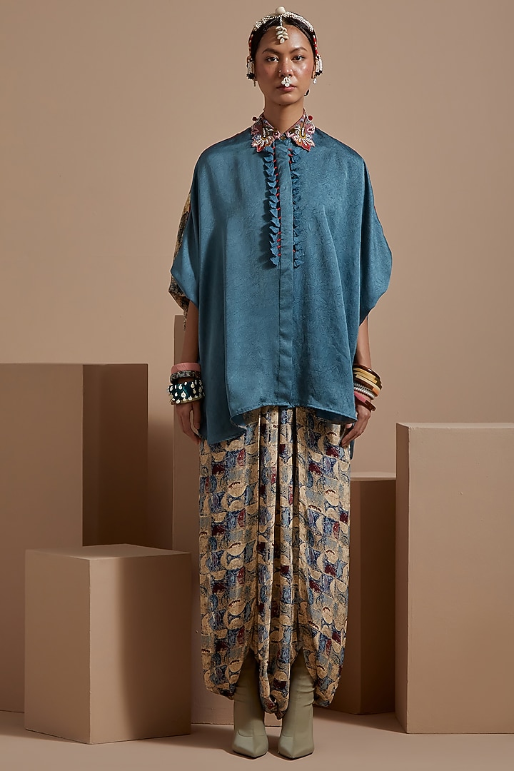 Dull Teal Crushed Silk Tasseled Co-Ord Set by ASEEM KAPOOR at Pernia's Pop Up Shop