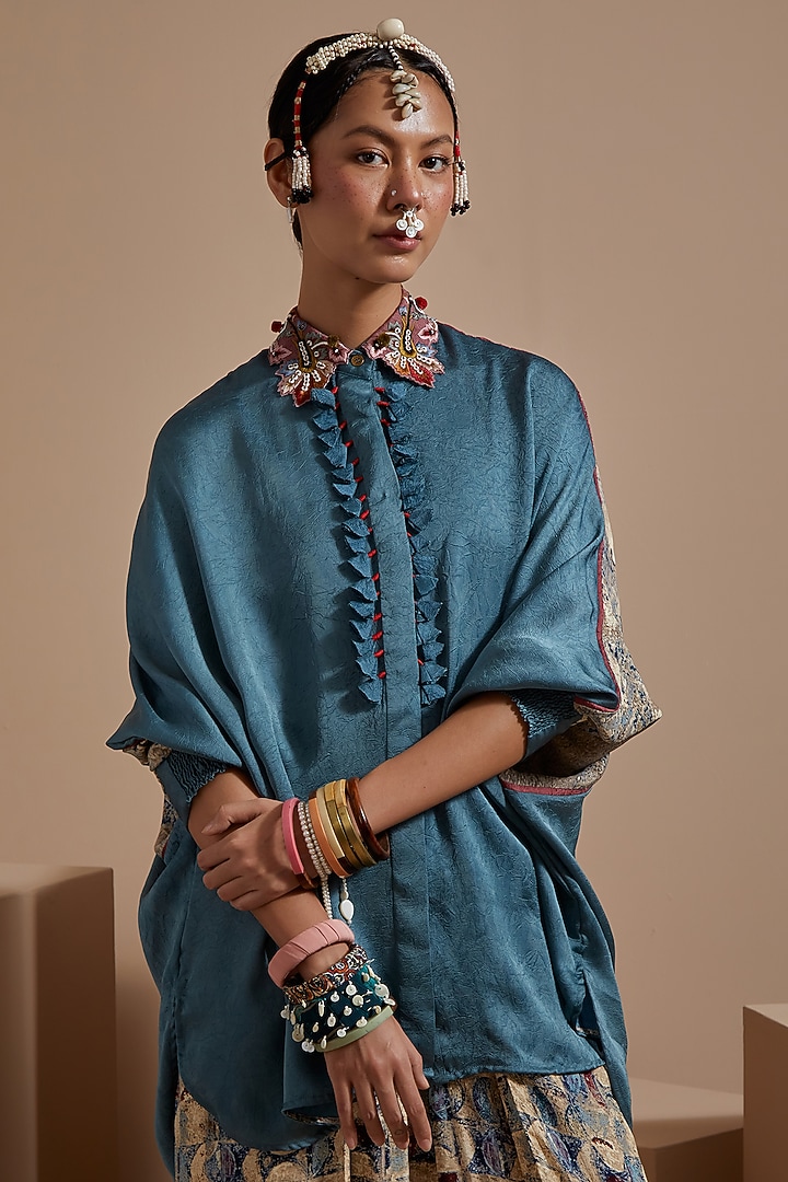 Dull Teal Crushed Silk Tasseled Co-Ord Set by ASEEM KAPOOR at Pernia's Pop Up Shop