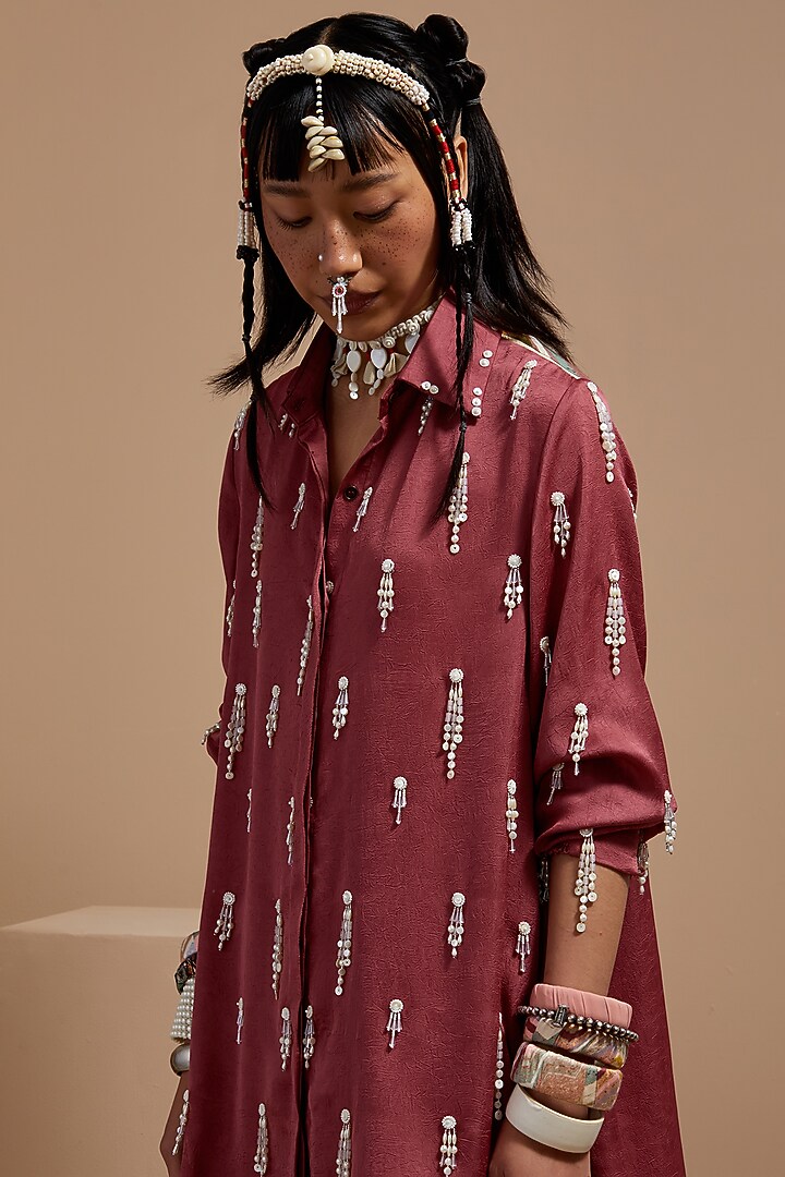 Old Rose Crushed Silk Bead Tassel Embroidered Co-Ord Set by ASEEM KAPOOR at Pernia's Pop Up Shop