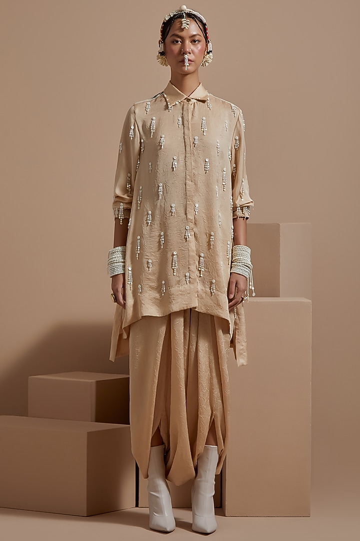 Ecru Crushed Silk Textured Co-Ord Set by ASEEM KAPOOR at Pernia's Pop Up Shop