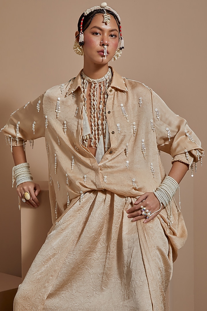 Ecru Crushed Silk Textured Co-Ord Set by ASEEM KAPOOR at Pernia's Pop Up Shop