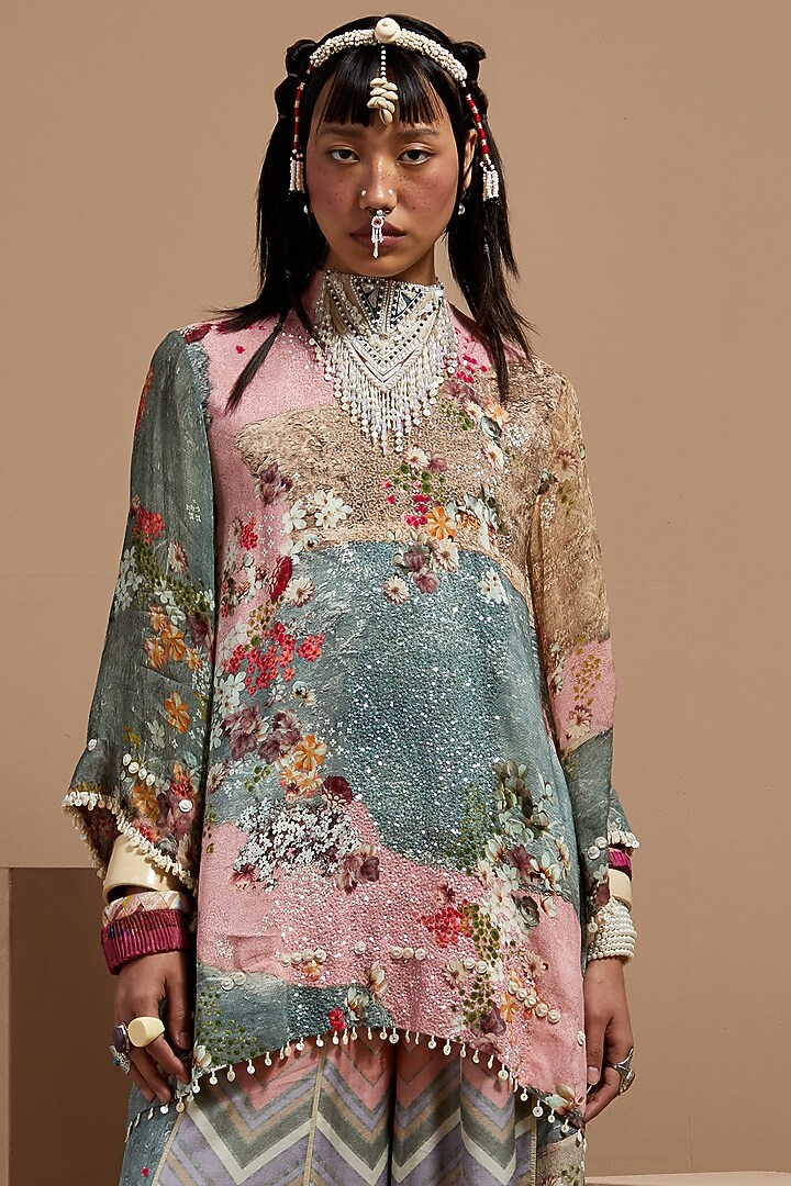 Multi-Colored Natural Crepe Printed & Embroidered Kurta Set by ASEEM KAPOOR at Pernia's Pop Up Shop