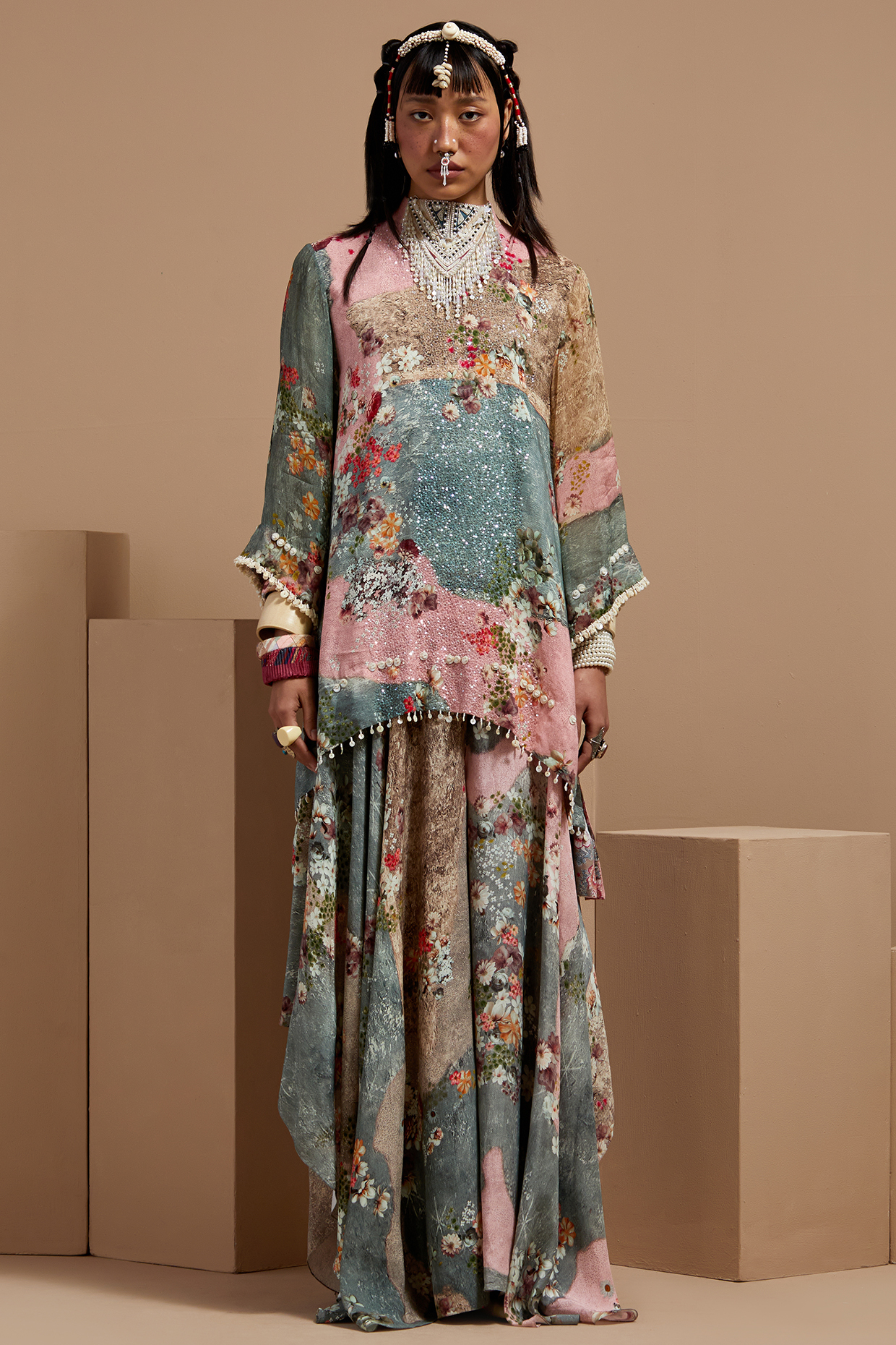 Multi-Colored Natural Crepe Printed & Embroidered Kurta Set by ASEEM KAPOOR at Pernia's Pop Up Shop