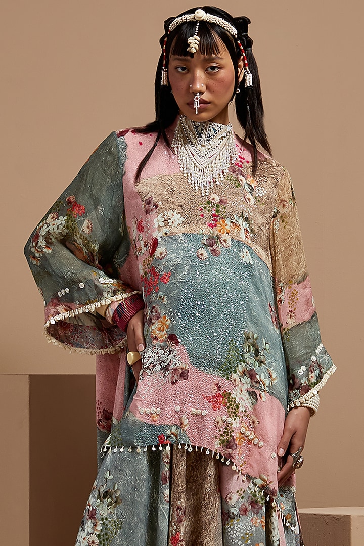 Multi-Colored Natural Crepe Printed & Embroidered Kurta Set by ASEEM KAPOOR at Pernia's Pop Up Shop