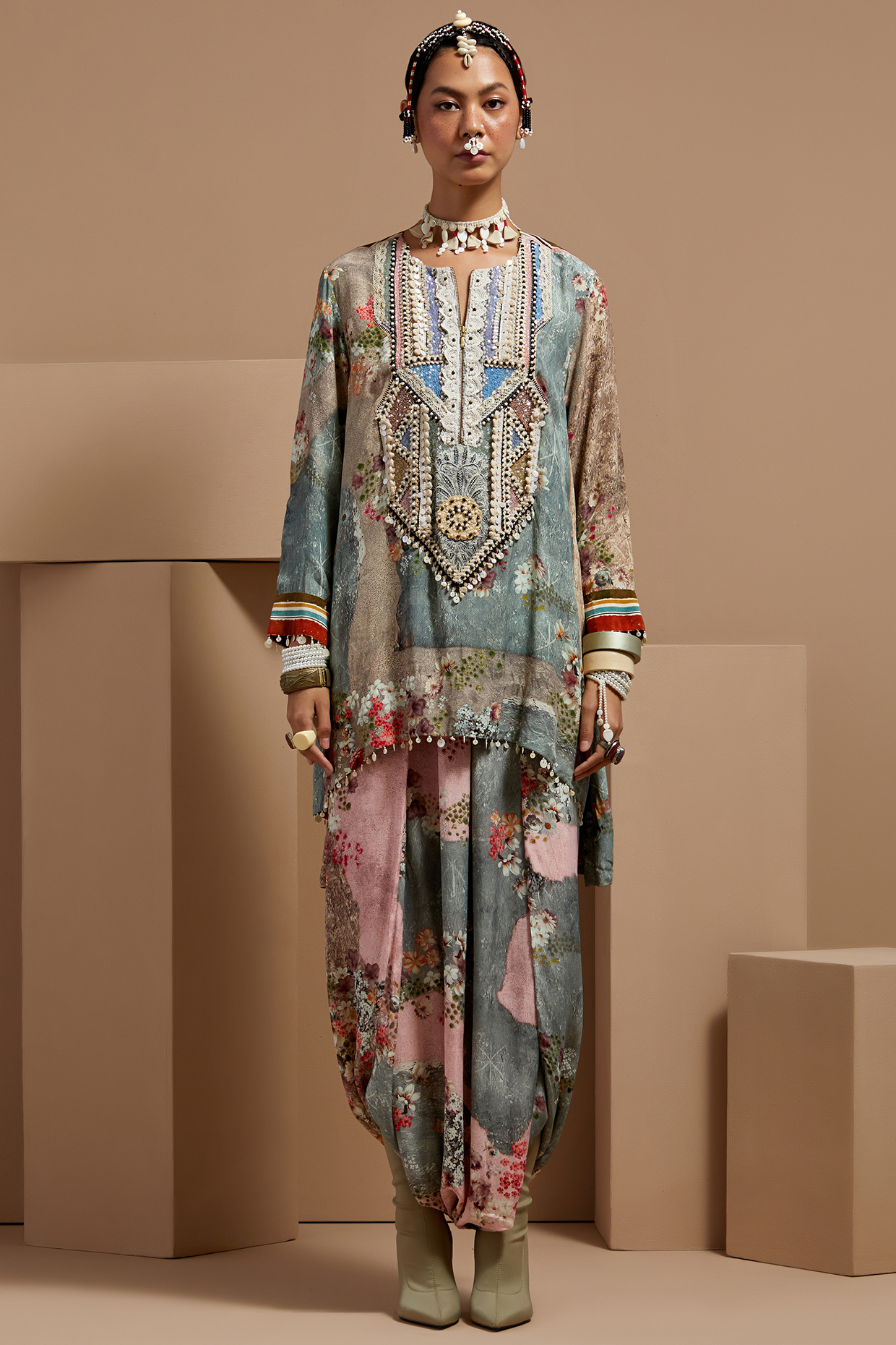 Multi-Colored Natural Crepe Printed & Embroidered Kurta Set by ASEEM KAPOOR at Pernia's Pop Up Shop