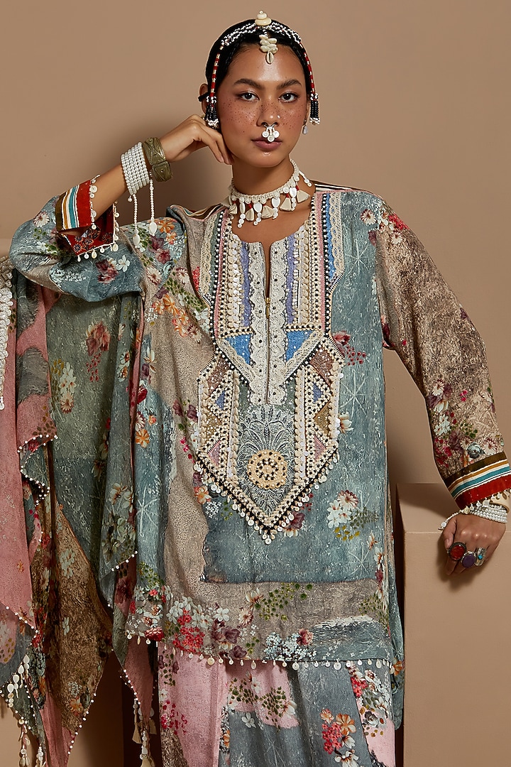 Multi-Colored Natural Crepe Printed & Embroidered Kurta Set by ASEEM KAPOOR at Pernia's Pop Up Shop