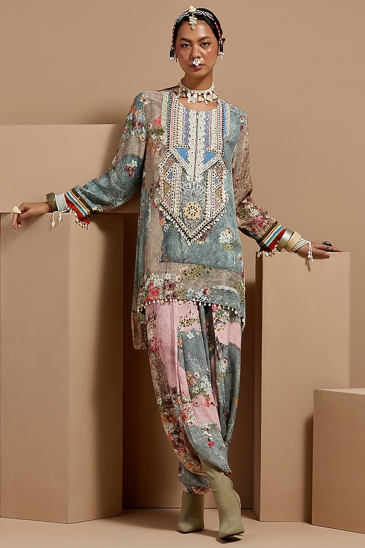 Multi-Colored Natural Crepe Printed & Embroidered Kurta Set by ASEEM KAPOOR at Pernia's Pop Up Shop