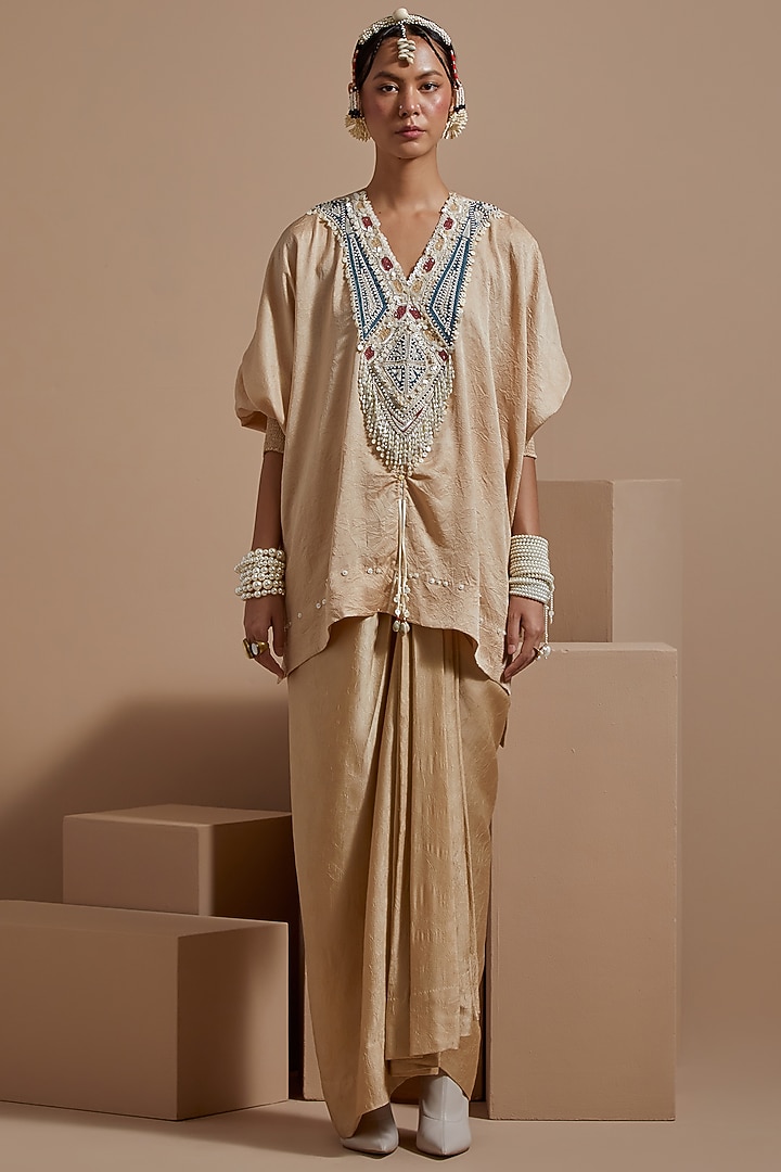 Ecru Crushed Silk Textured Skirt Set by ASEEM KAPOOR at Pernia's Pop Up Shop