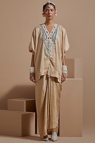 Ecru Crushed Silk Textured Skirt Set by ASEEM KAPOOR