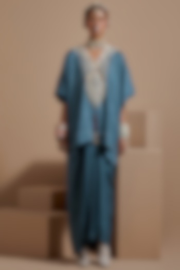 Dull Teal Crushed Silk Textured Skirt Set by ASEEM KAPOOR at Pernia's Pop Up Shop