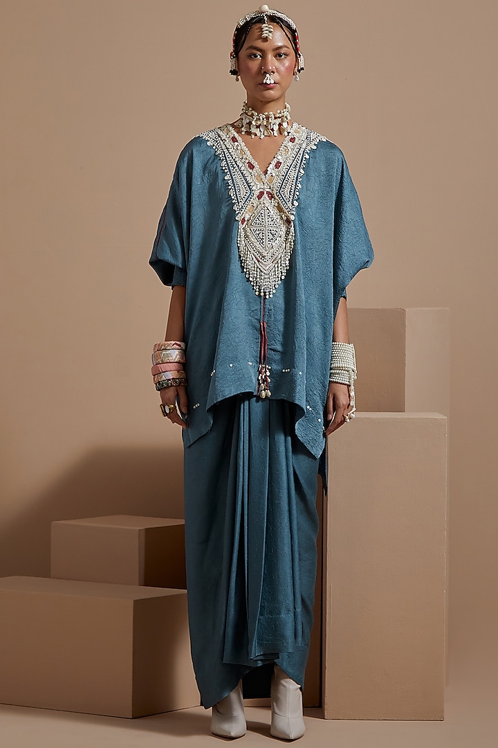 Dull Teal Crushed Silk Textured Skirt Set by ASEEM KAPOOR at Pernia's Pop Up Shop