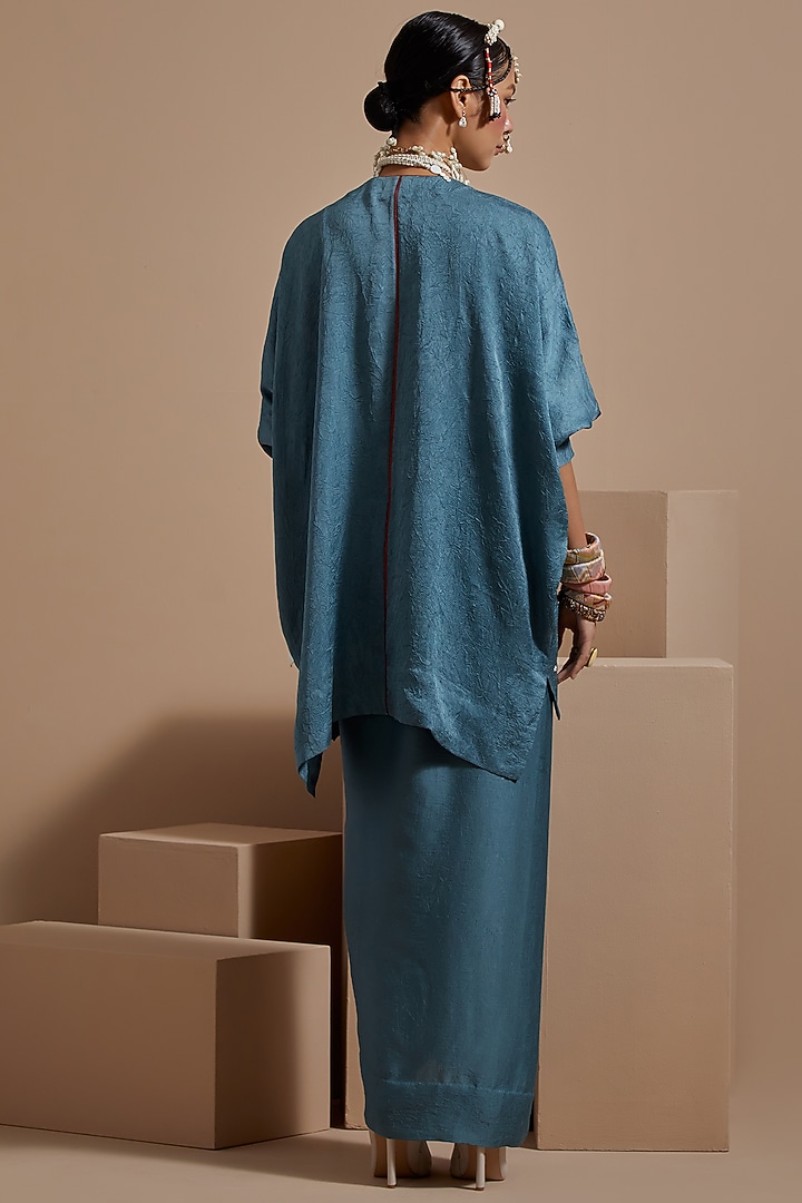 Dull Teal Crushed Silk Textured Skirt Set by ASEEM KAPOOR at Pernia's Pop Up Shop