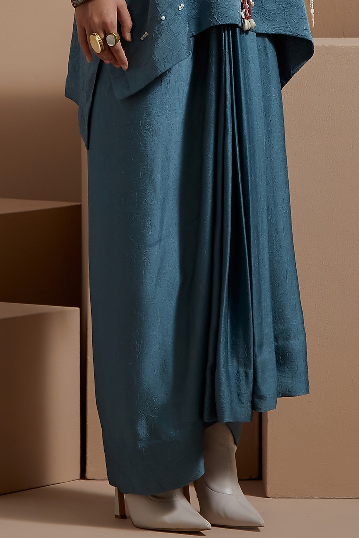 Dull Teal Crushed Silk Textured Skirt Set by ASEEM KAPOOR at Pernia's Pop Up Shop