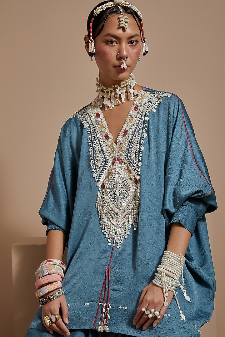 Dull Teal Crushed Silk Textured Skirt Set by ASEEM KAPOOR at Pernia's Pop Up Shop
