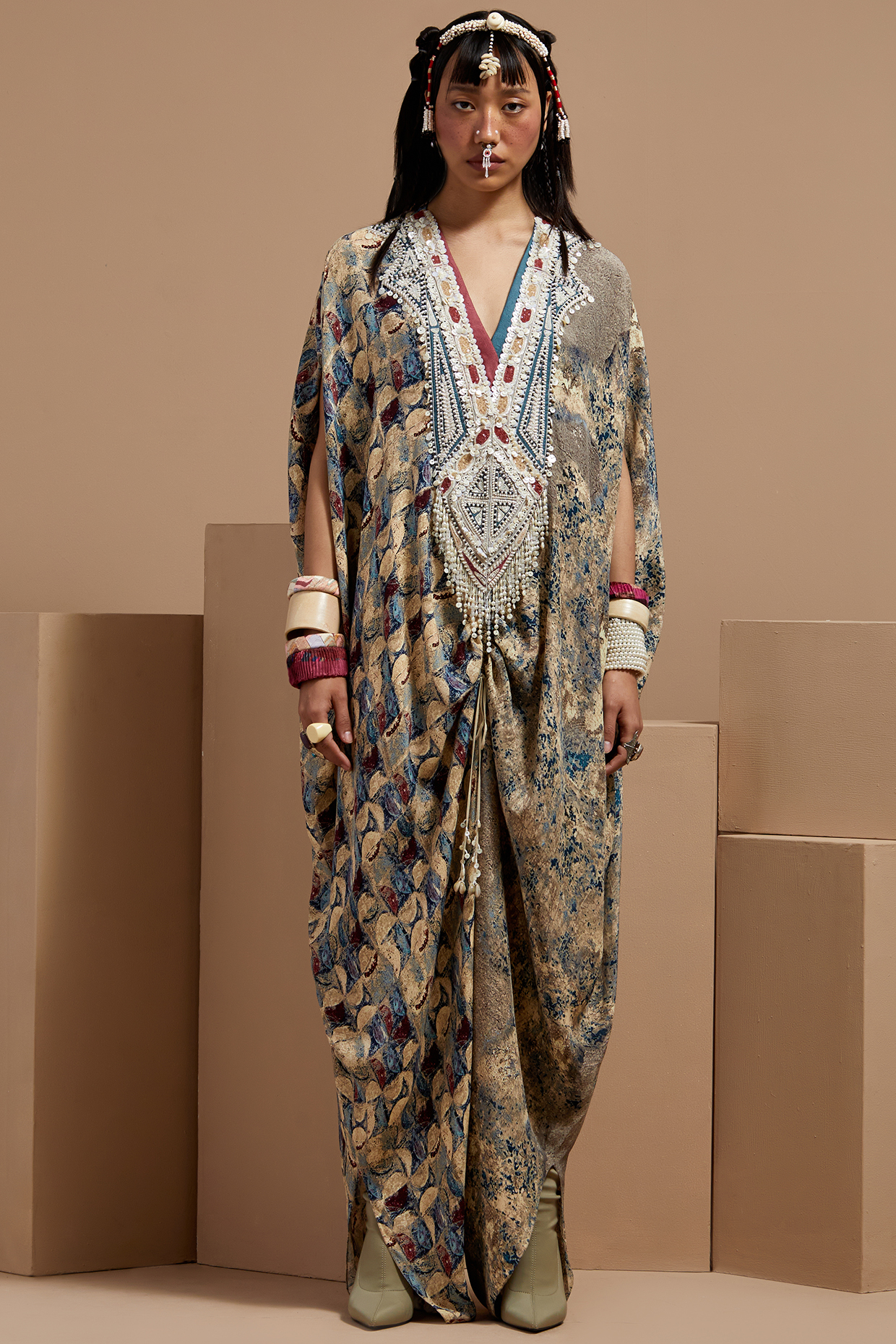 Multi-Colored Natural Crepe Embroidered & Printed Kaftan Jumpsuit by ASEEM KAPOOR at Pernia's Pop Up Shop