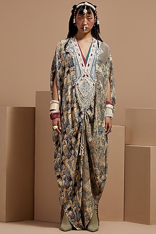 Multi-Colored Natural Crepe Embroidered & Printed Kaftan Jumpsuit by ASEEM KAPOOR