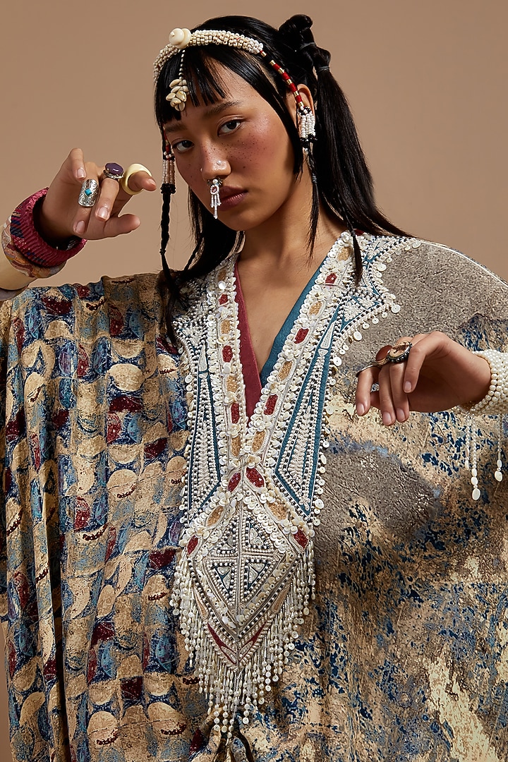 Multi-Colored Natural Crepe Embroidered & Printed Kaftan Jumpsuit by ASEEM KAPOOR at Pernia's Pop Up Shop