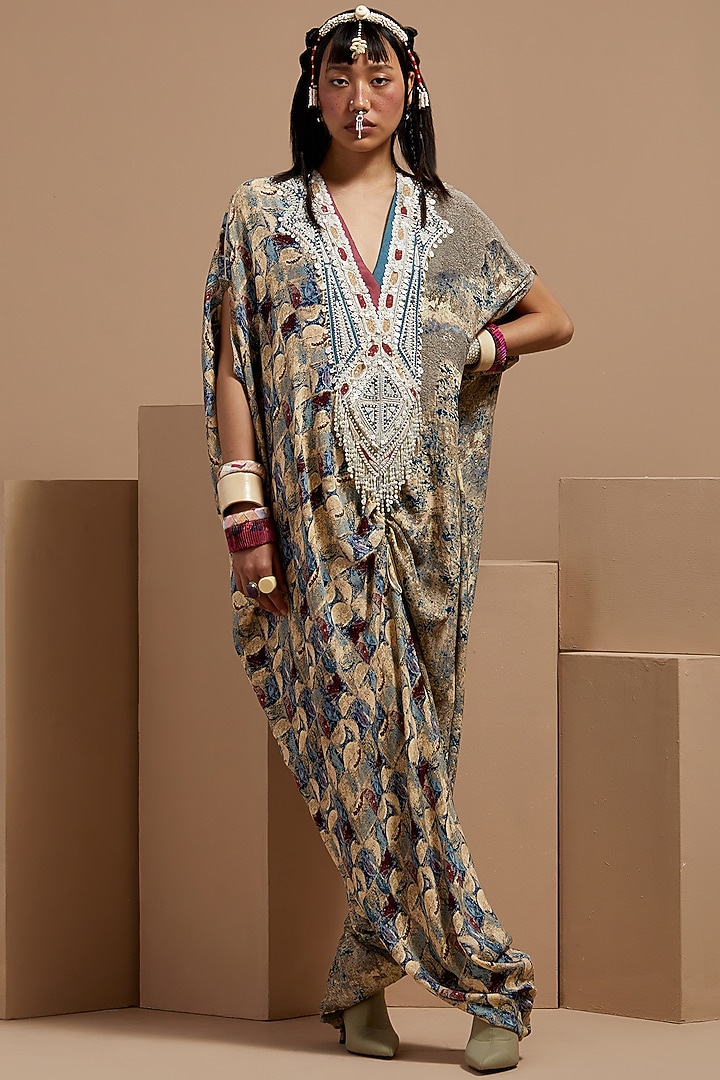 Multi-Colored Natural Crepe Embroidered & Printed Kaftan Jumpsuit by ASEEM KAPOOR at Pernia's Pop Up Shop