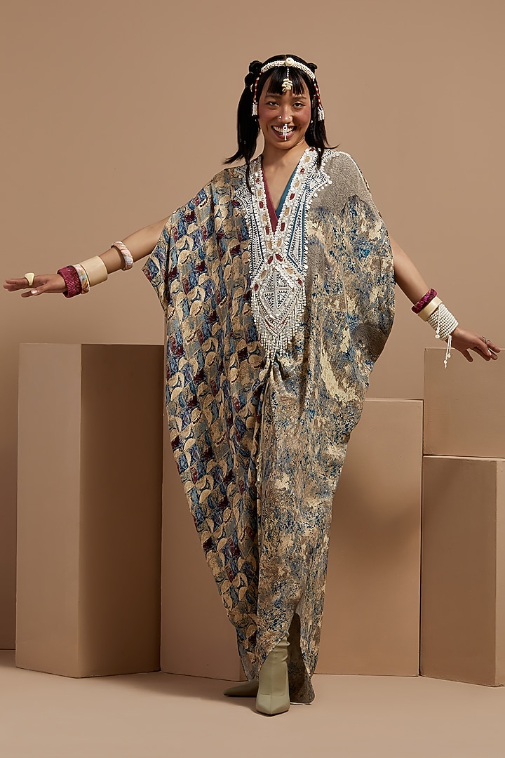 Multi-Colored Natural Crepe Embroidered & Printed Kaftan Jumpsuit by ASEEM KAPOOR at Pernia's Pop Up Shop