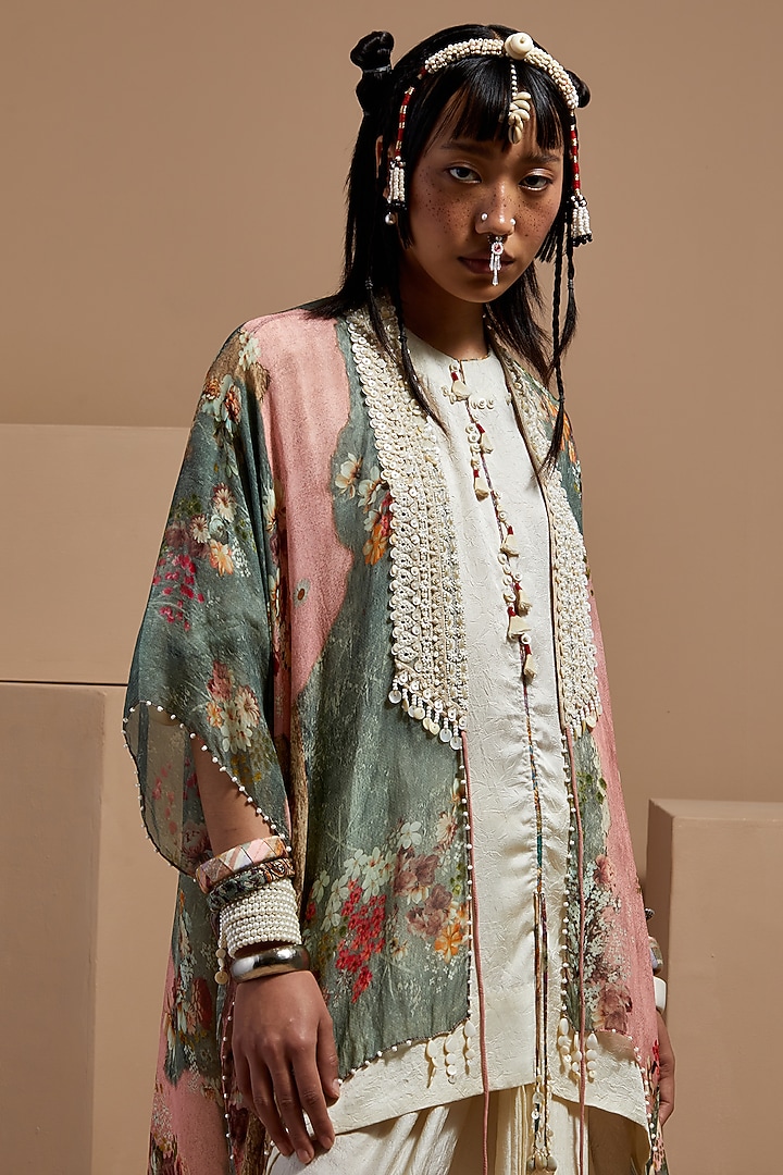 Multi-Colored Sheer Silk Printed & Embroidered Jacket by ASEEM KAPOOR at Pernia's Pop Up Shop