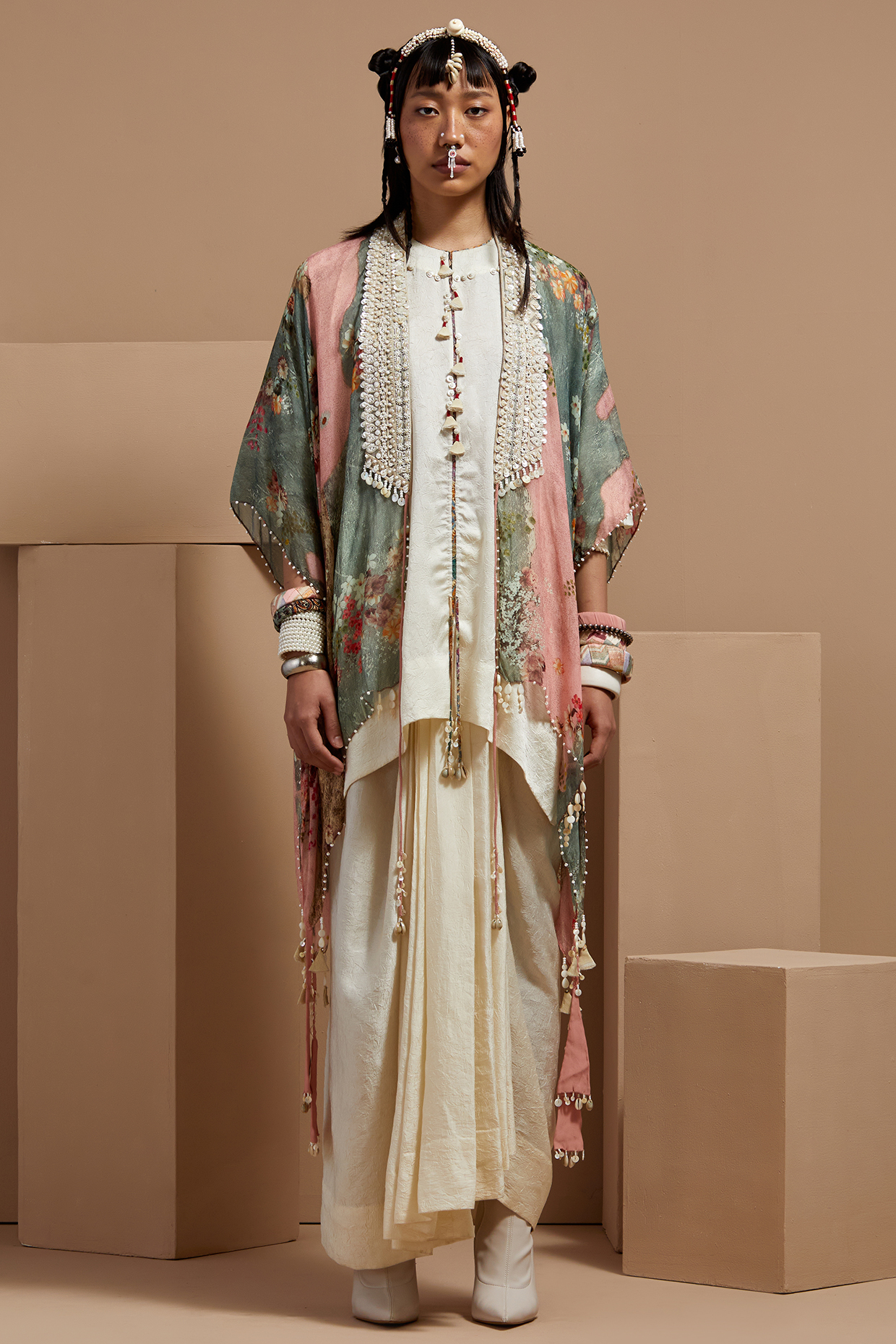 Shell Pink Sheer Silk Printed & Embroidered Jacket Set by ASEEM KAPOOR at Pernia's Pop Up Shop