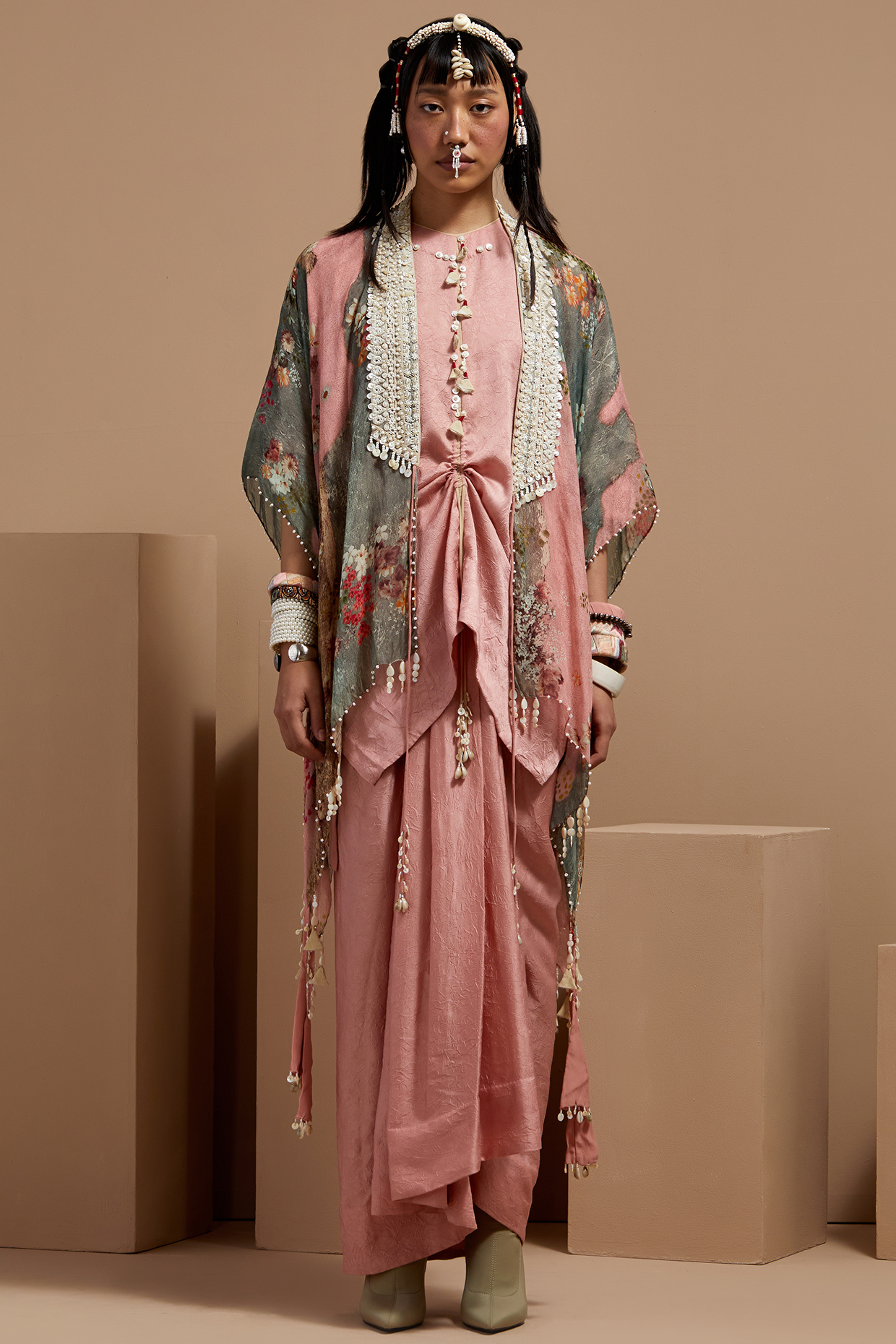 Shell Pink Sheer Silk Printed & Embroidered Jacket Set by ASEEM KAPOOR at Pernia's Pop Up Shop